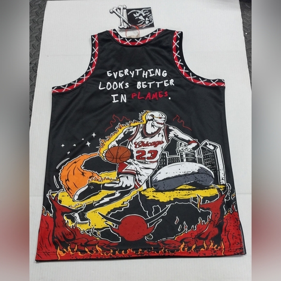 Brand X Chicago In Flames Skull Jordan #23 Basketball Jersey NWT 🔥